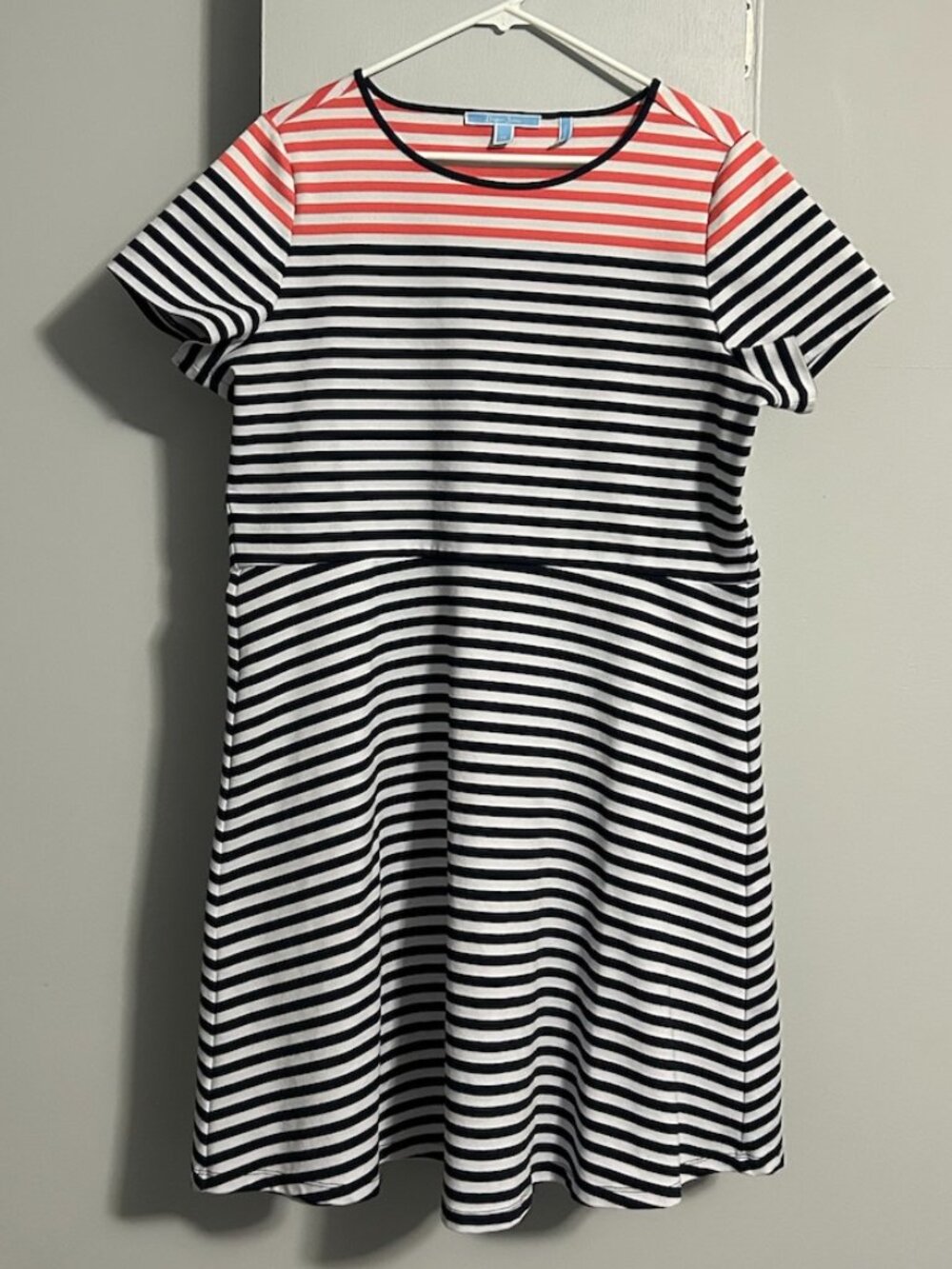 Draper James Striped Ponte Knit A-Line SS Midi Dress Navy/Coral Women's 1X